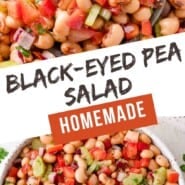 Black-eyed pea salad Pinterest graphic with text and photos.