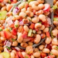 Black-eyed pea salad Pinterest graphic with text and photos.