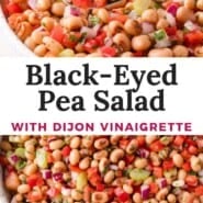 Black-eyed pea salad Pinterest graphic with text and photos.