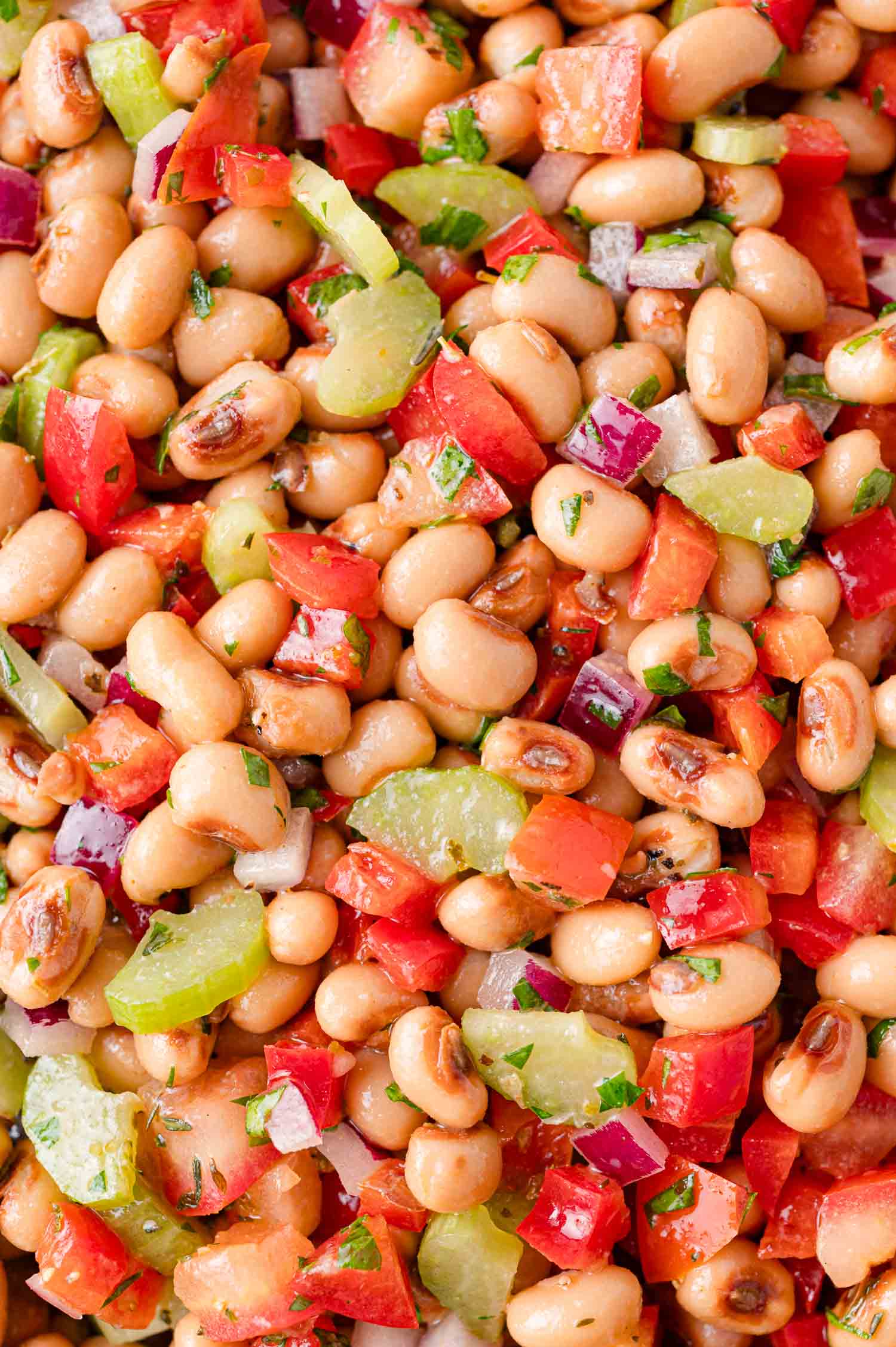 Close-up of a salad with black-eyed peas, chopped red onion, celery, red bell pepper, and herbs.