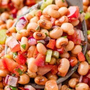Close-up of a spoonful of black-eyed pea salad with chopped tomatoes, red onions, celery, and parsley.