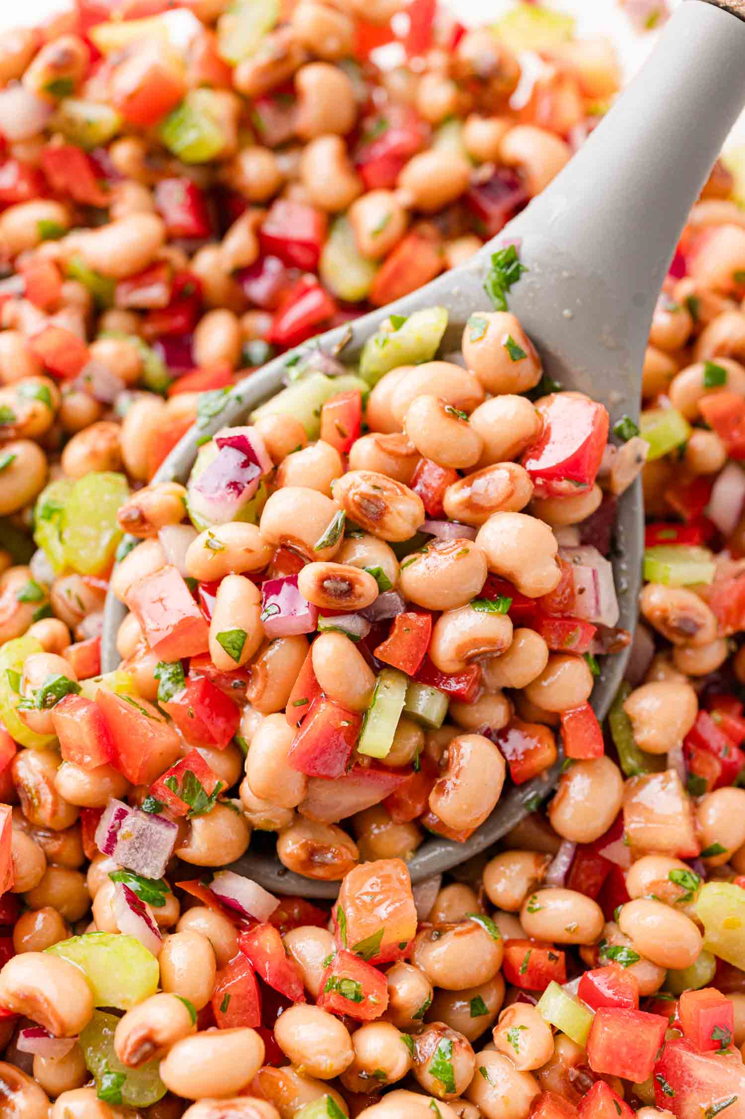 A close-up of a gray spoon scooping a colorful bean salad with black-eyed peas, diced red peppers, red onions, celery, and herbs.