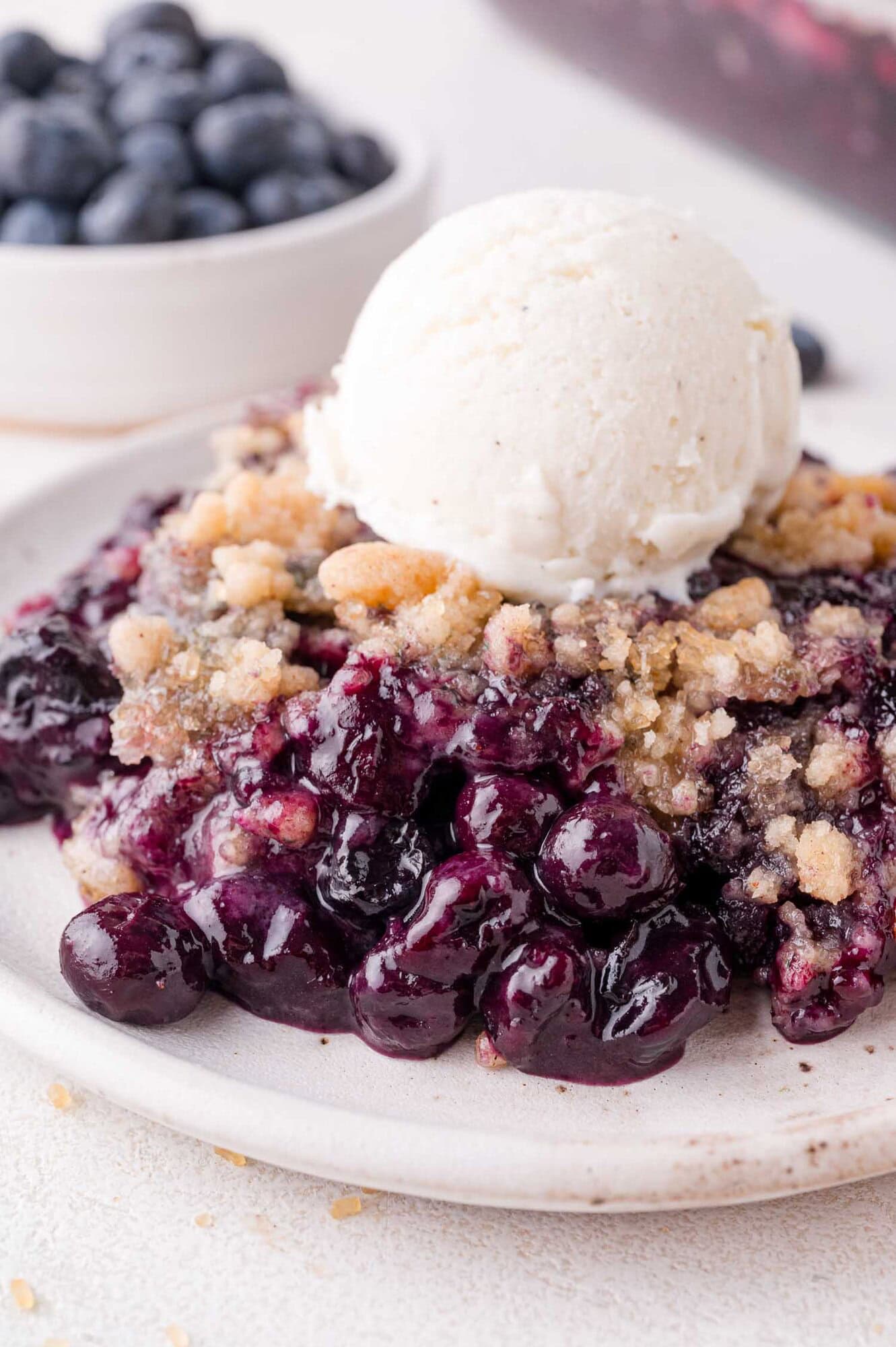 Blueberry Crumble 2 A serving of blueberry crumble topped with a scoop of vanilla ice cream on a white plate, with a bowl of fresh blueberries in the background.