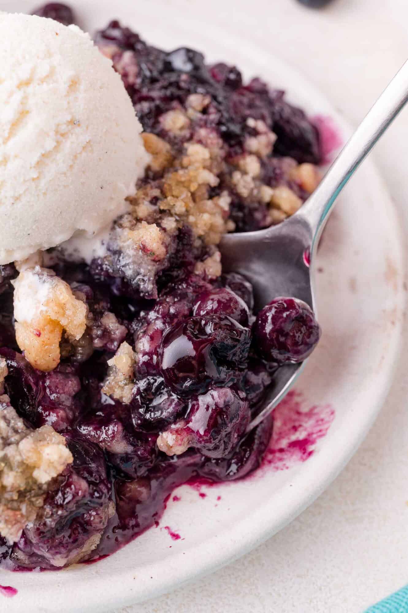 Blueberry Crumble 13 A close-up of a plate with blueberry crumble topped with a scoop of vanilla ice cream, with a spoon scooping up a portion.