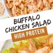 Buffalo chicken salad Pinterest graphic with text and photos.