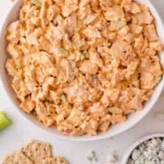 Buffalo chicken salad Pinterest graphic with text and photos.