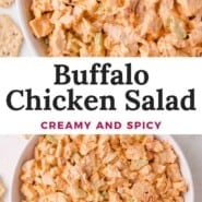Buffalo chicken salad Pinterest graphic with text and photos.