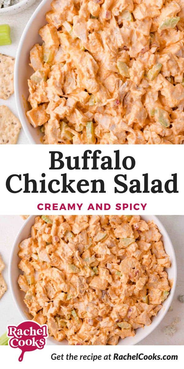 Buffalo chicken salad Pinterest graphic with text and photos.