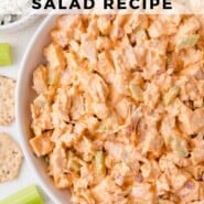 Buffalo chicken salad Pinterest graphic with text and photos.