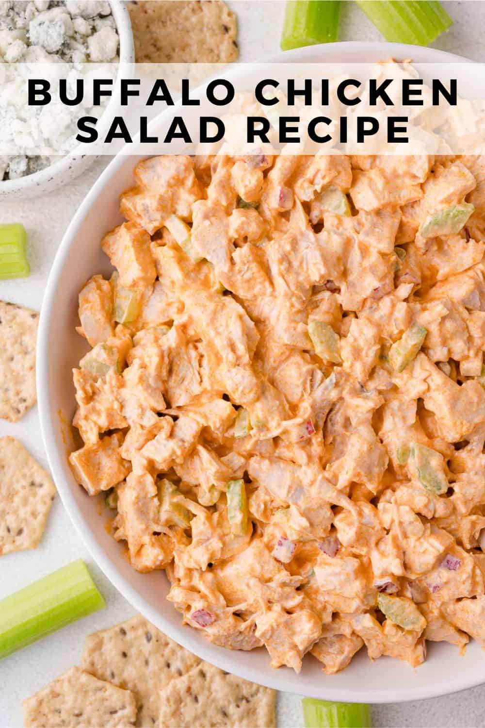 Buffalo chicken salad Pinterest graphic with text and photos.