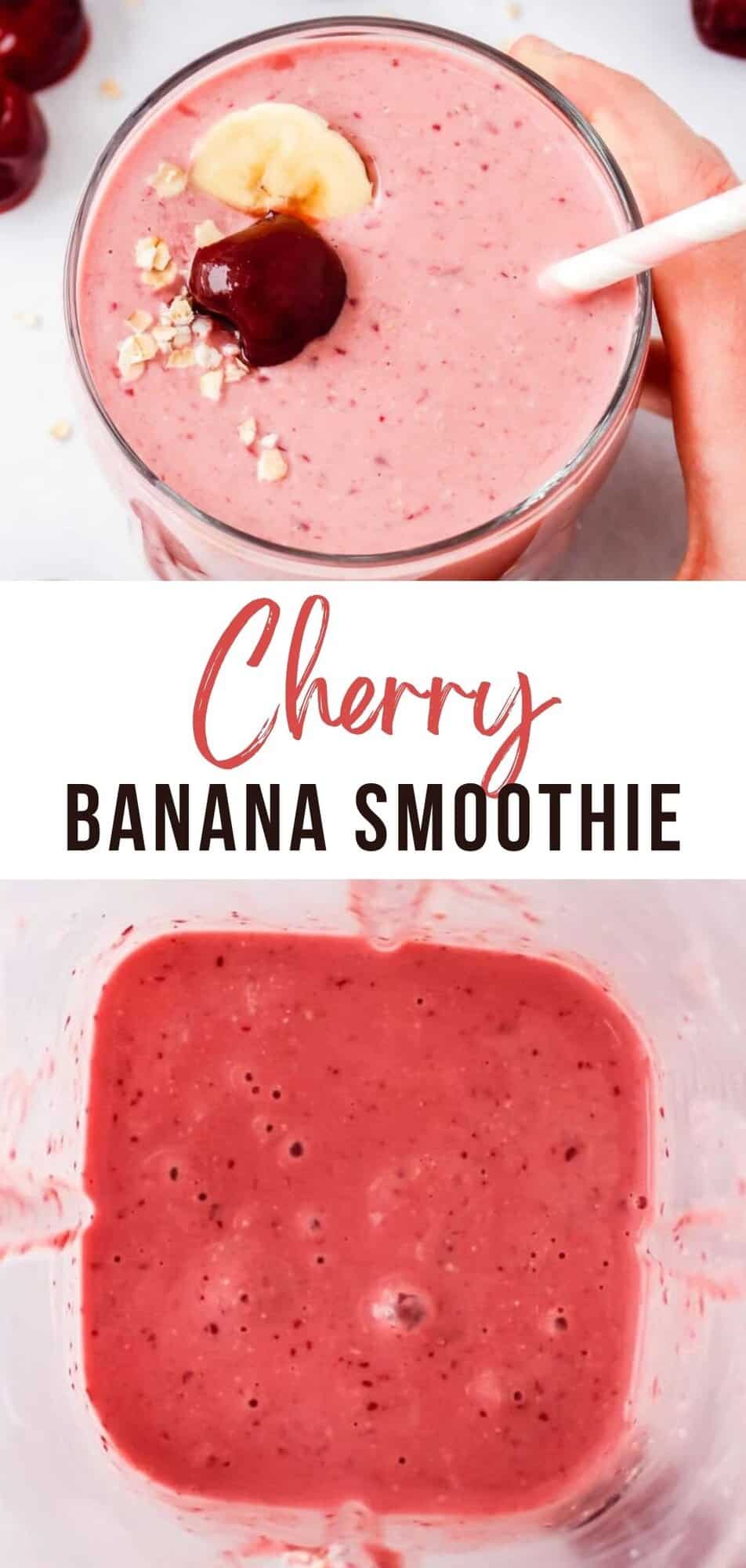 Cherry smoothie Pinterest graphic with text and photos.