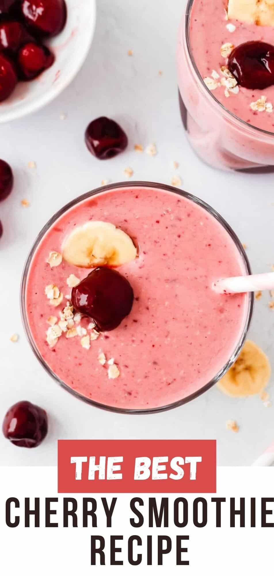Cherry smoothie Pinterest graphic with text and photos.