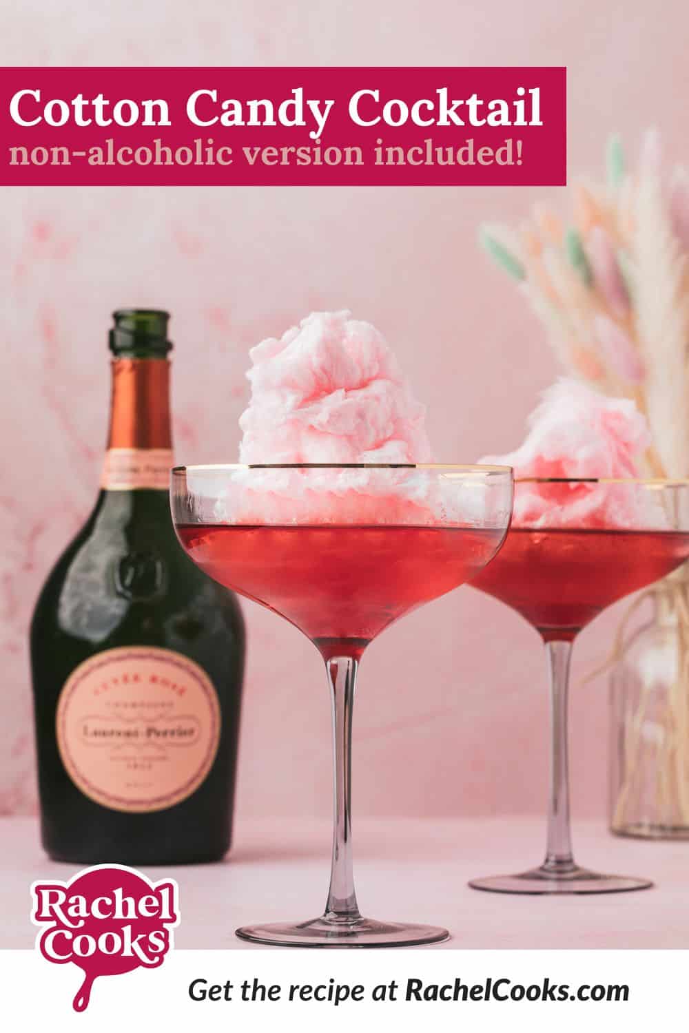Cotton candy cocktail Pinterest graphic with text and photos.