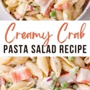 Crab pasta salad Pinterest graphic with text and photos.