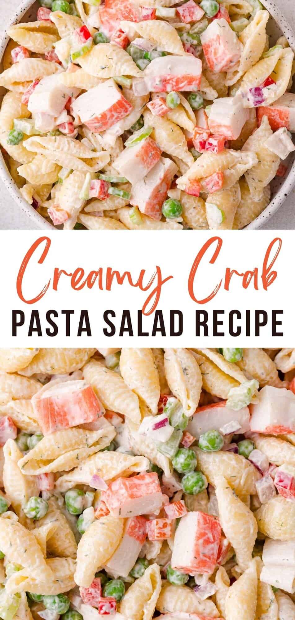 Crab pasta salad Pinterest graphic with text and photos.