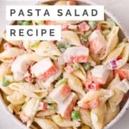 Crab pasta salad Pinterest graphic with text and photos.
