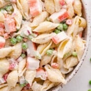 Crab pasta salad Pinterest graphic with text and photos.