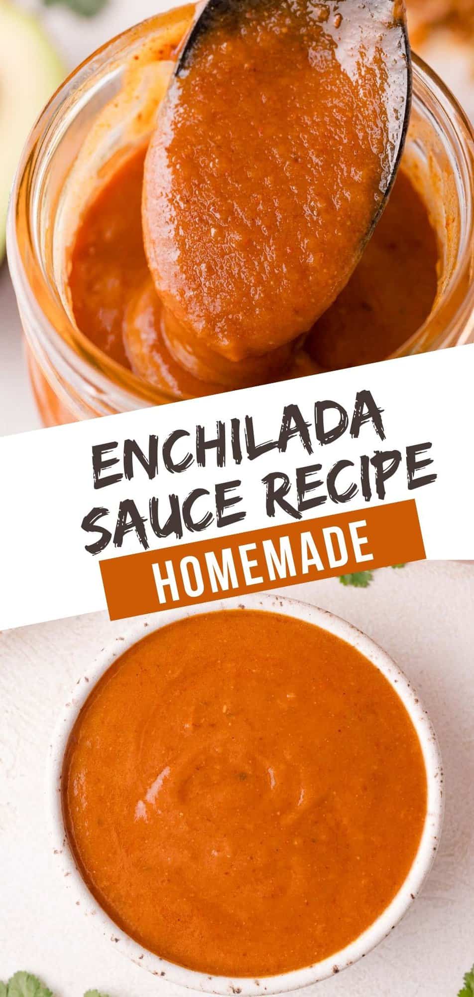 Enchilada sauce Pinterest graphic with text and photos.
