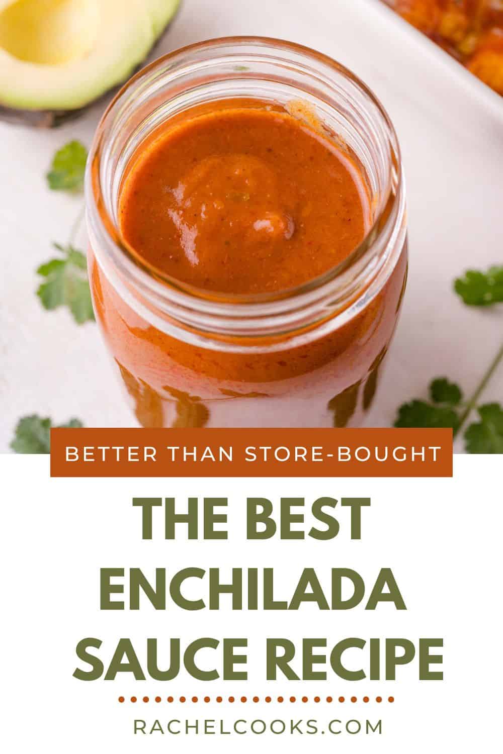 Enchilada sauce Pinterest graphic with text and photos.