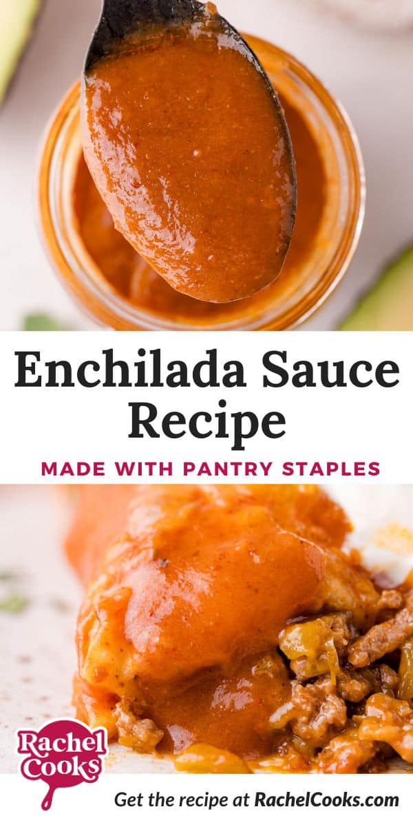 Enchilada sauce Pinterest graphic with text and photos.