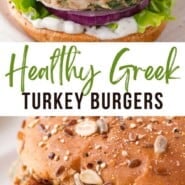 Greek turkey burgers Pinterest graphic with text and photos.