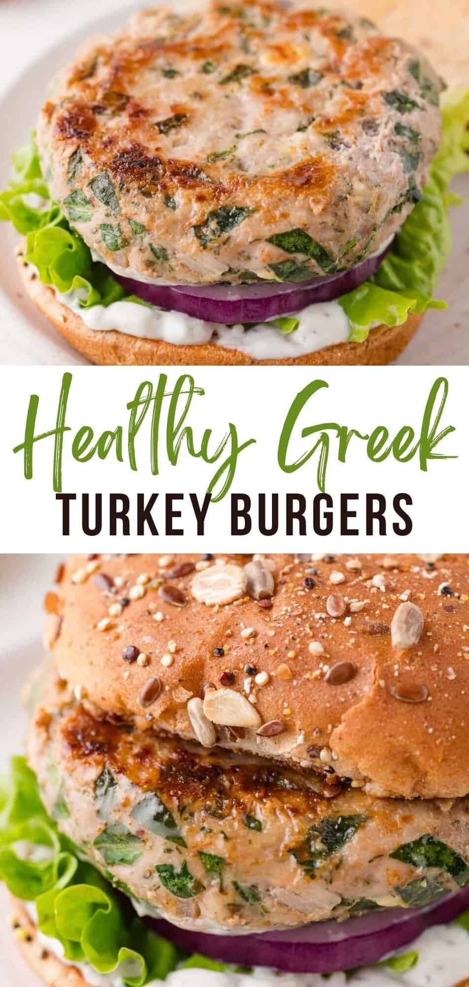 Greek turkey burgers Pinterest graphic with text and photos.