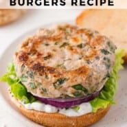 Greek turkey burgers Pinterest graphic with text and photos.