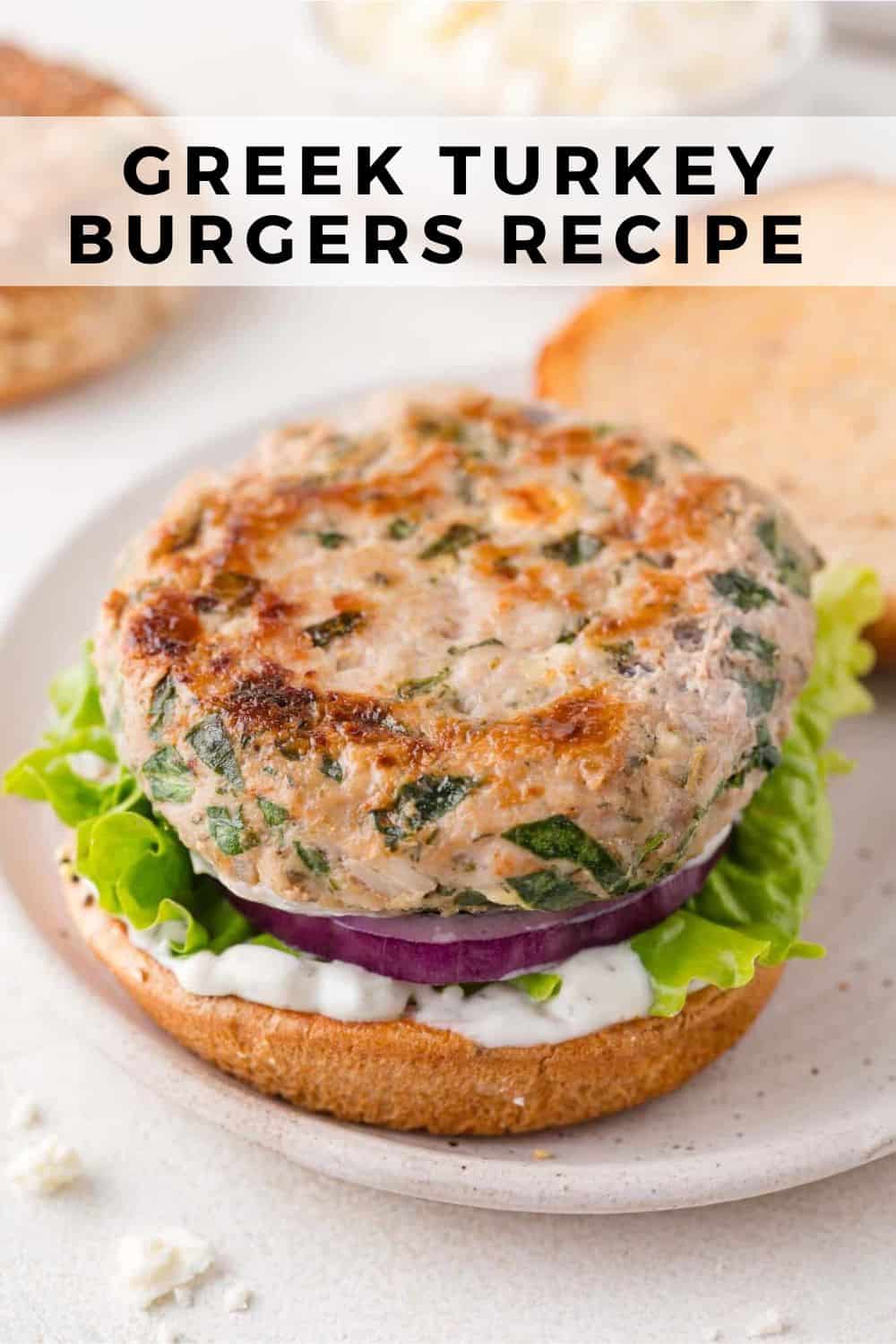 Greek turkey burgers Pinterest graphic with text and photos.