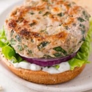 Greek turkey burgers Pinterest graphic with text and photos.