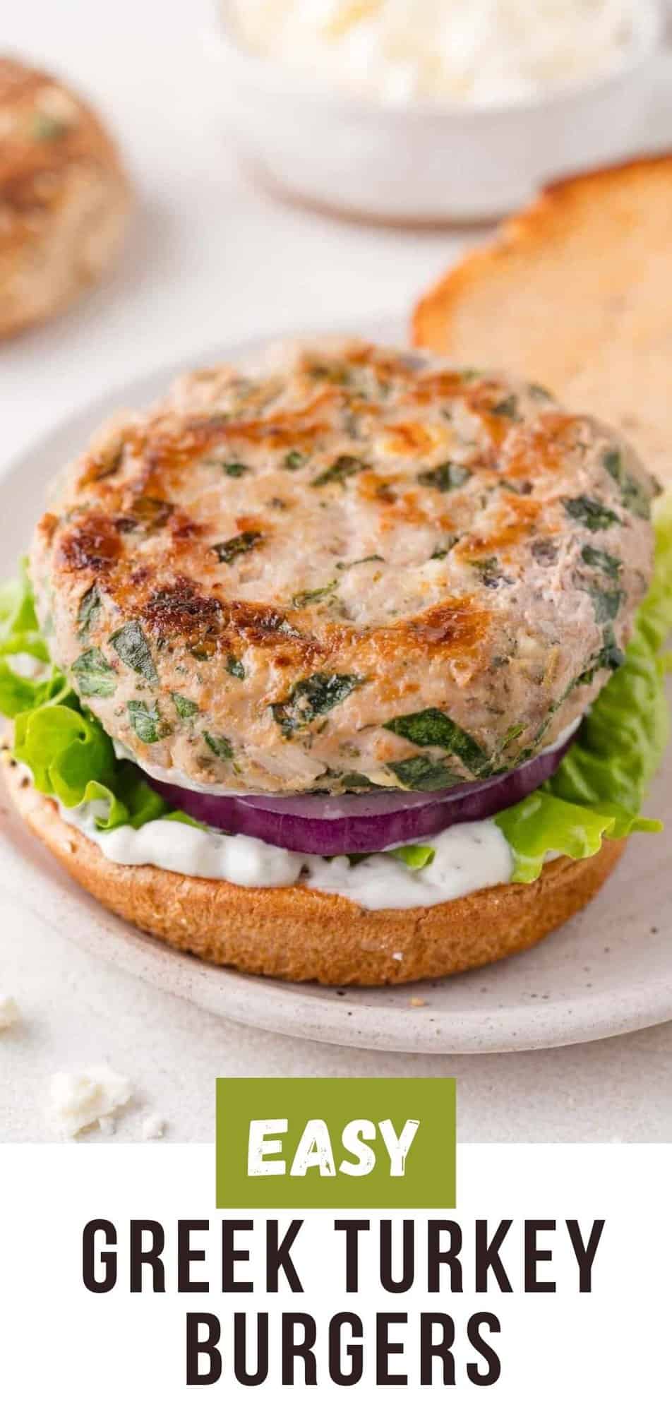Greek turkey burgers Pinterest graphic with text and photos.