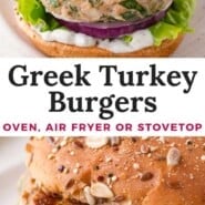 Greek turkey burgers Pinterest graphic with text and photos.