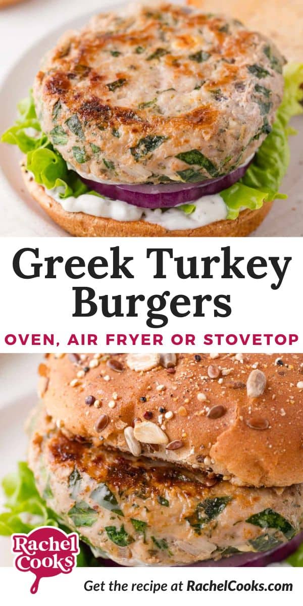 Greek turkey burgers Pinterest graphic with text and photos.