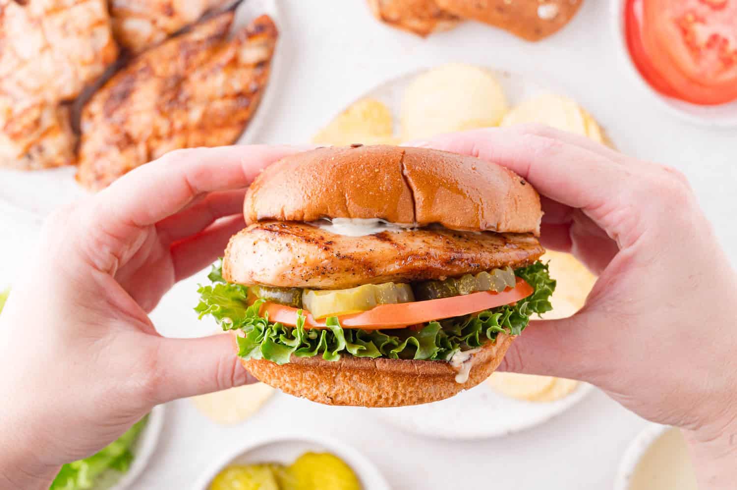 A person holds a grilled chicken sandwich with lettuce, tomato, pickles, and sauce on a bun. Plates of grilled chicken and potato chips are in the background.