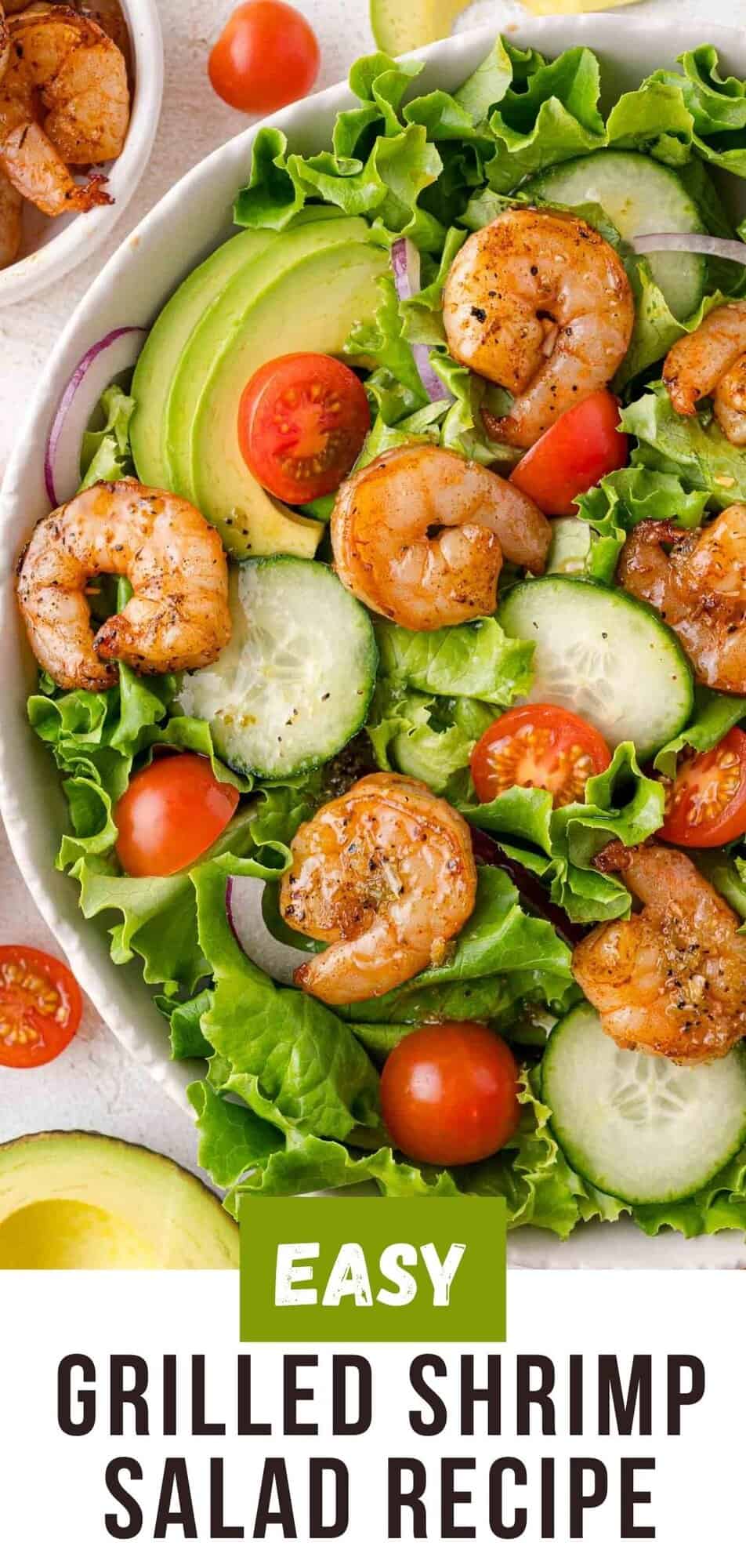 Grilled shrimp salad Pinterest graphic with text and photos.