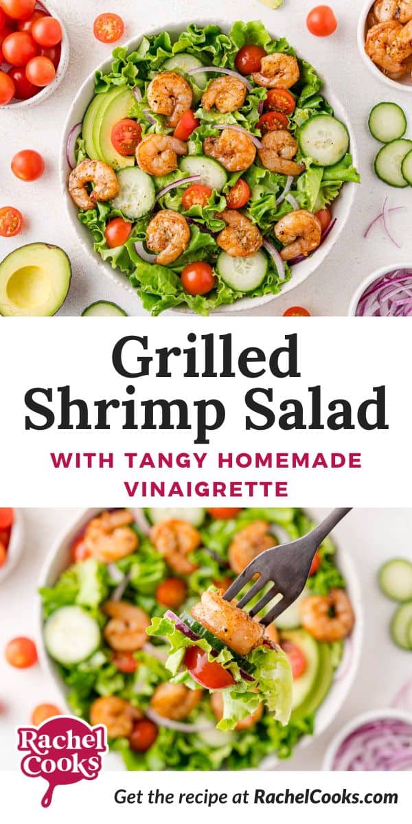 Grilled shrimp salad Pinterest graphic with text and photos.