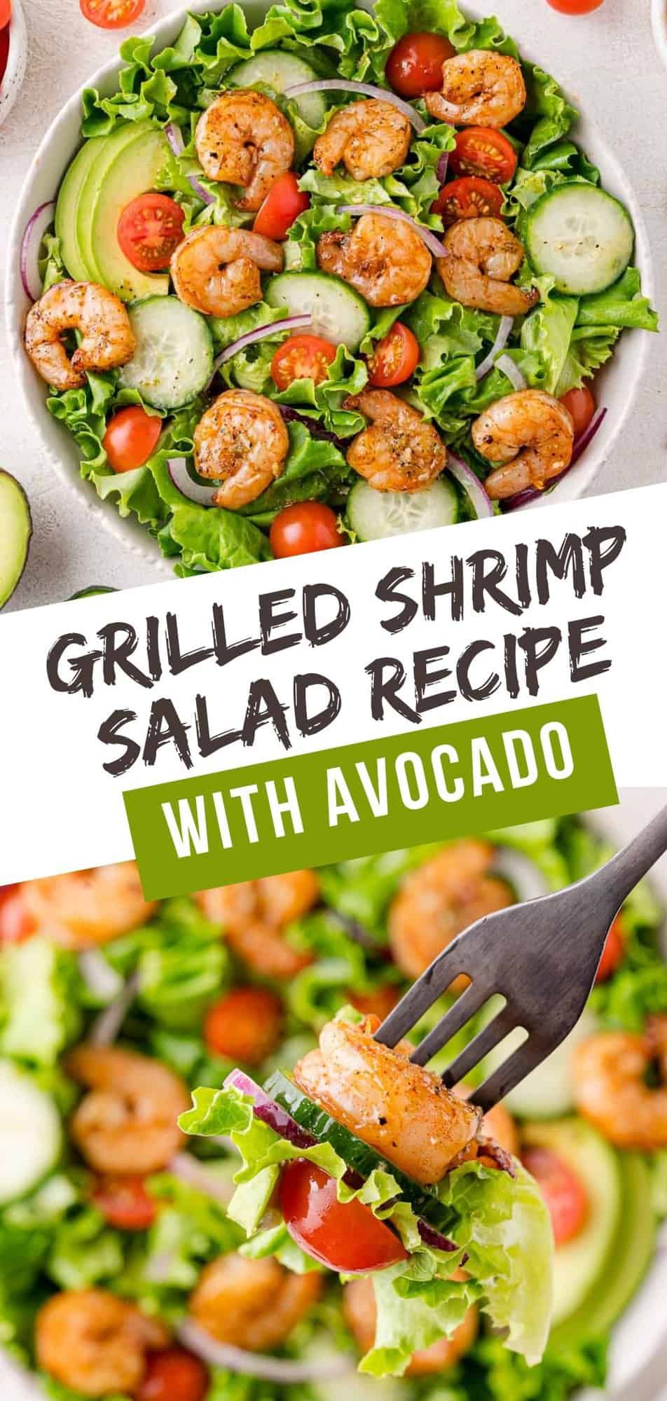 Grilled shrimp salad Pinterest graphic with text and photos.