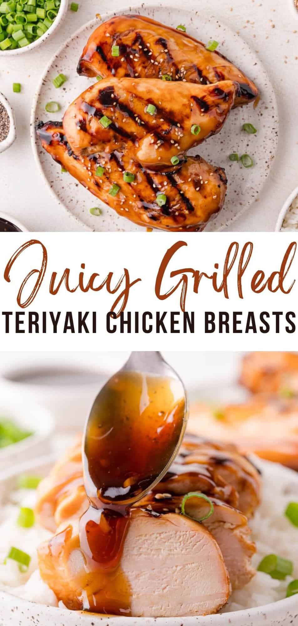 Grilled teriyaki chicken Pinterest graphic with text and photos.