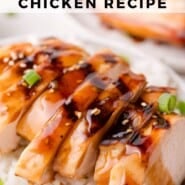 Grilled teriyaki chicken Pinterest graphic with text and photos.