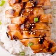 Grilled teriyaki chicken Pinterest graphic with text and photos.