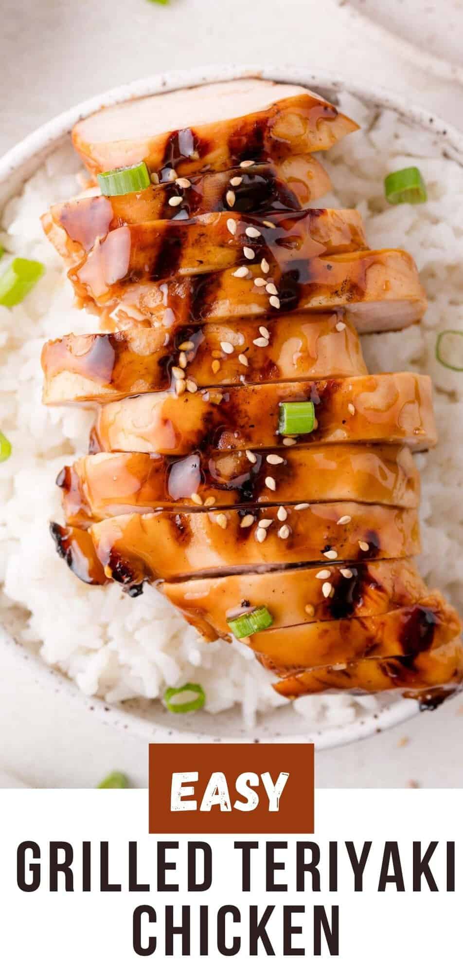 Grilled teriyaki chicken Pinterest graphic with text and photos.