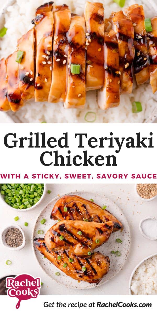 Grilled teriyaki chicken Pinterest graphic with text and photos.