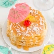 Pina colada pancakes Pinterest graphic with text and photos.