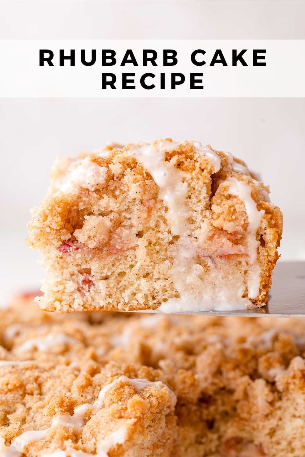 Rhubarb cake Pinterest graphic with text and photos.