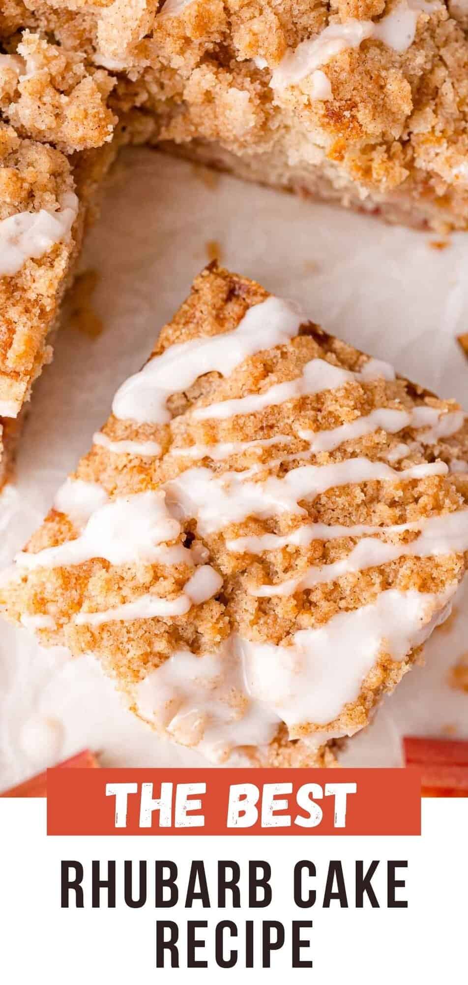 Rhubarb cake Pinterest graphic with text and photos.