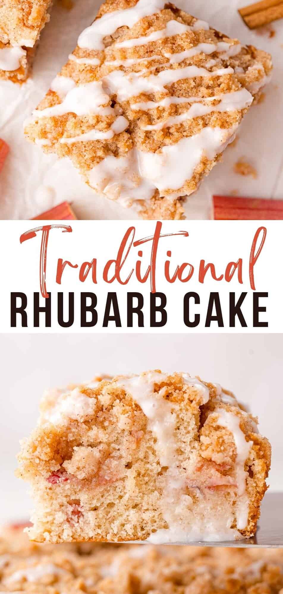 Rhubarb cake Pinterest graphic with text and photos.