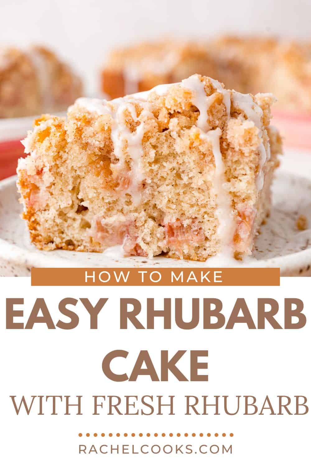 Rhubarb cake Pinterest graphic with text and photos.