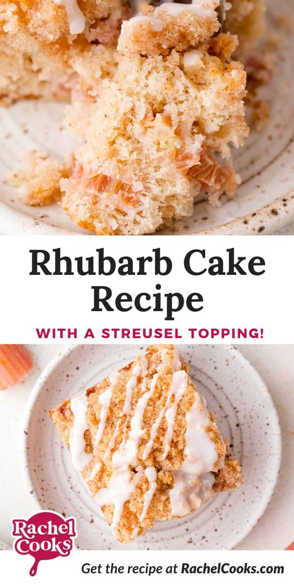 Rhubarb cake Pinterest graphic with text and photos.