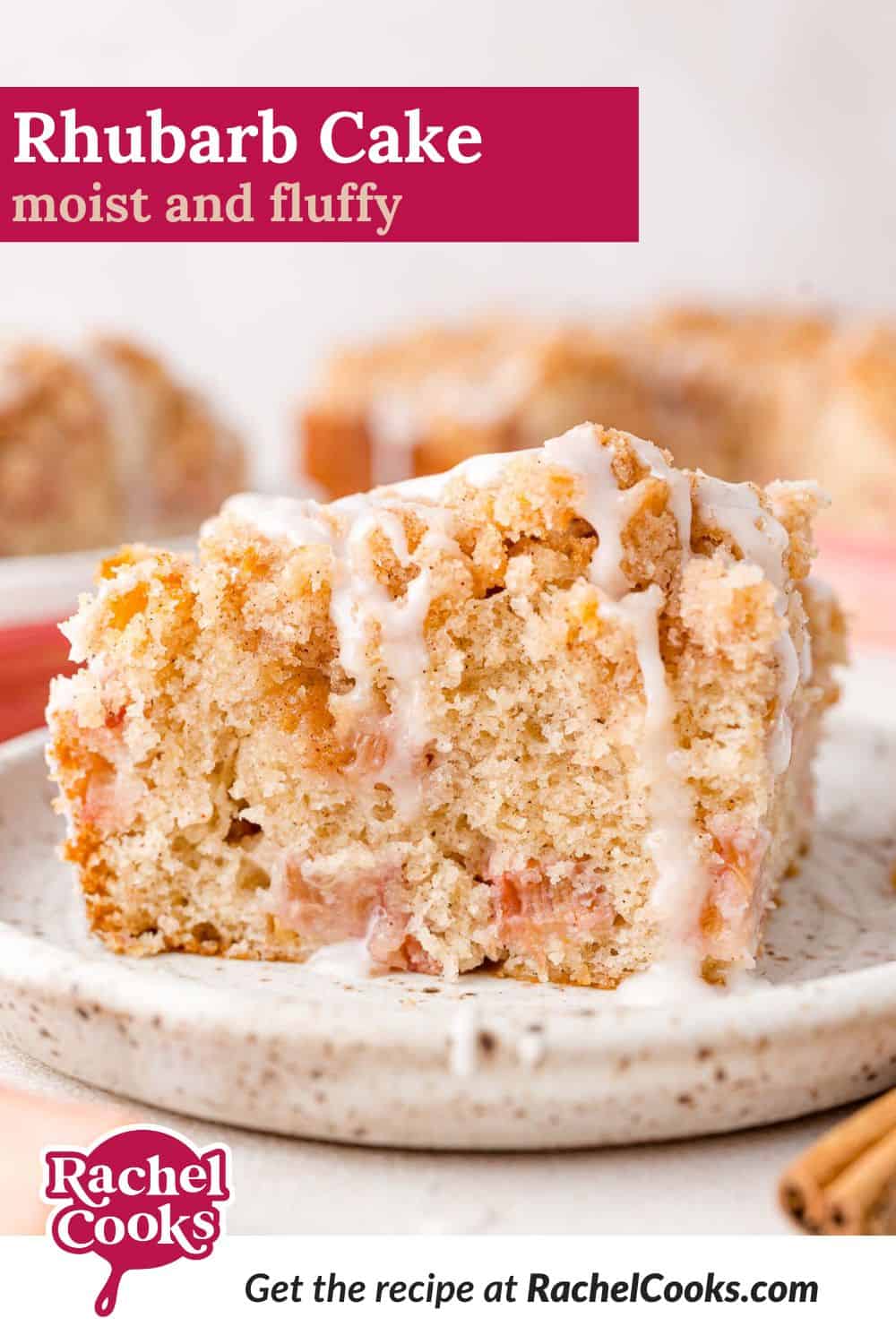 Rhubarb cake Pinterest graphic with text and photos.