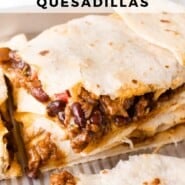 Sheet pan quesadillas Pinterest graphic with text and photos.