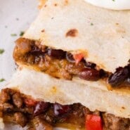 Sheet pan quesadillas Pinterest graphic with text and photos.